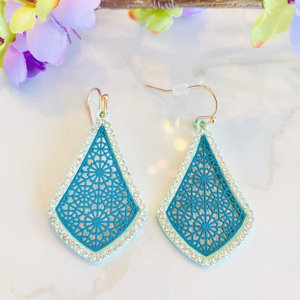 Turquoise Floral Filigree Rhinestone Earrings - Picture 6 of 7